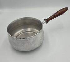 VINTAGE BW ALUMINIUM SAUCEPAN WITH WOOD HANDLE AND BEADED RIM. picture
