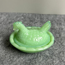 Mini Hen On Nest Jadeite Green Salt Cellar Chicken Depression Style Glass Dish picture