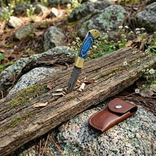 Handmade Damascus Steel Folding Knife Blue Wood Handle Lockback EDC Skinner Gift picture