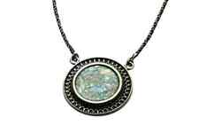 Archeological Israeli Roman Glass Pendant Necklace in Real 925 Sterling Silver picture