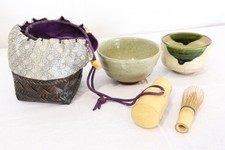 Japanese Vintage Nodate Portable Tea Ceremony Set Chawan Chasen Bamboo Basket Ba picture