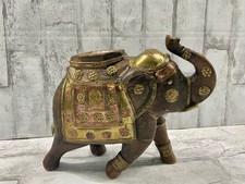 VTG Indian Hand Carved Wooden Elephant Statue Brass & Copper Accents 8'x 9' picture
