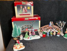Lot of VTG Lemax Village Christmas Bridge & A Winter Breakfast & Other Villagers picture