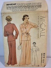 1935 McCall 8214 Ladies Pajamas Sewing Pattern Size 16 Bust 34 Vintage 1930s picture
