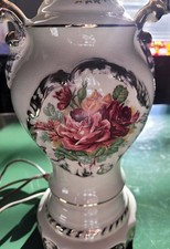 Vtg 1950s Porcelain Urn Table Lamp Pink Roses Gold Handles MCM Light Harp Finial picture