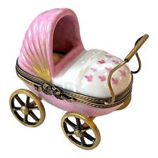 Peint Main Limoges Pink Baby Pram Stroller with Baby Figurine Trinket Box picture