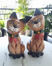Set 2 Upright Sitting Cat Kitty Figurine Tilt Hand Carved Painted Wood Decor 6