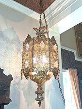 Hollywood Regency brass filigree swag lamps mid century ambiance chandelier picture