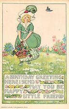 Tuck Art Postcard Birthday Children 102. Girl in Green w/ Flower Basket in Field picture