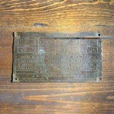 Antique J.D. Christian Engineers Brass Motor Data Nameplate Tag San Francisco CA picture