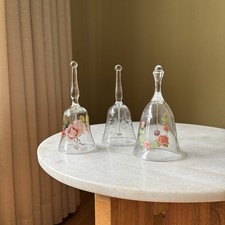 Vintage Clear Glass Bell Lot Floral Pattern Pink Rose Engraved Flower Ornate 3pc picture