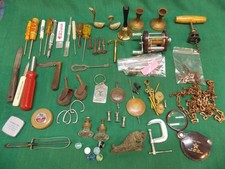 Lot of old junk drawer items. Garage, tools, kitchen, collectibles, fishing reel picture