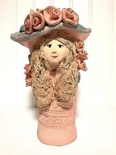 Ann Shamash Pottery Vase Girl Floral Hat Judaica Jewish Artist picture