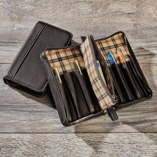 Leather Pen Case-Levenger Bomber Jacket Omnipurpose-Mocha-7 Pen Zip in Gift Box picture