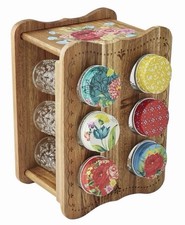 Pioneer Woman Spice Rack Glass Jar Set 7pc Wildflower Whimsy Floral Acacia Wood picture