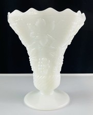 Milk Glass Grape & Vine Embossed Footed Trumpet Vase Centerpiece picture