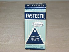 VINTAGE DENTIST MEDICINE FALSE TEETH FASTEETH DENTURE POWDER TIN IN BOX picture