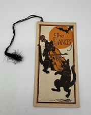 Vintage 1920's ANTIQUE HALLOWEEN PARTY DANCE CARD BLACK CATS CELLO BAT MOON picture