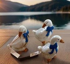 VTG GEESE ORNAMENTS (3) PORCELAIN FIGURES BLUE BOW FARMHOUSE COUNTRY picture