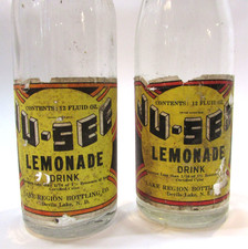 2 Vintage Devils Lake ND Region Bottling JU-SEE Lemonade Soda Bottle Paper Label picture