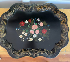 VTG Black Tole Toleware Painted Tray Scalloped Floral Cottage Goth Boho 20