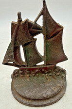 Antique Cast Iron Sailboat Bookend Single Vtg Ship Doorstop Copper Wash 2lb 5.5