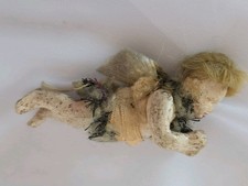 1800s German Wax Composition Angel Spun Glass Wings Ornament Mohair Wig picture