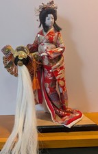Vintage Komachi Doll Japanese Kabuki Figurine White Hair Red Kimono Foil Tag picture