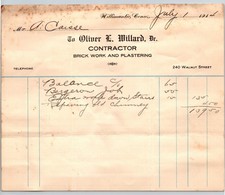 1914 Willimantic CT Contractor Invoice Oliver L. Willard Brick Work Ephemera picture