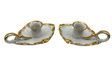 Vintage Marco Pottery Gold Gilded Porcelain Chamberstick Candle Holders Set of 2 picture
