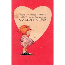Valentine Postcard 1932 Comic Girl Heart Litho Antique #8000 Come Across picture