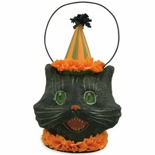 Retro Bethany Lowe Halloween Black Sassy Cat Mini Bucket Container Paper Mache picture