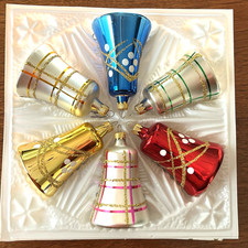 Vintage Colombia Blown Glass Christmas Ornaments Boxed Set of 6 Bells picture