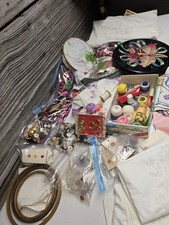 Vintage Sewing Notions Estate Craft Lot Wood Thread Spools, Snaps, Pins, Cushion picture
