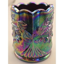 Vintage Toothpick Holder 1971 St Clair Carnival Glass Cherry Cobalt Iridescent picture