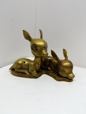 Vintage Hollow Brass Two Fawns Figurine Big Eyes MCM Deer Sculpture 10” picture
