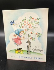 Unsigned Vintage Wallace Brown Greeting Card GET WELL Tree Girl Bluebird wishes picture