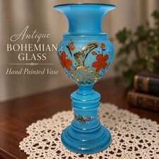 Antique Bohemian Blue Blown Glass Vase Hand Painted Floral Gilt picture
