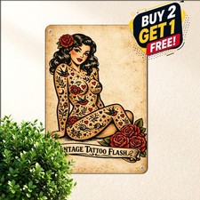 Classic Tattooed Lady Artwork Tin Sign Aesthetic Ink Lounge Metal Plaque 8x12 picture
