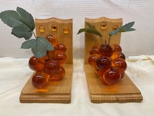 Unique LARGE GRAPES CLUSTER BUNCH mahogany wood Bookends ORANGE AMBER VINTAGE picture