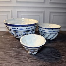 Vintage French Country Ceramic Jelly Molds Lot 3 Blue White Hanging Wall Decor picture