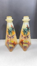 Antique Nippon Hand Painted Scenic Pyramid Candlesticks Pair Nile Palm Trees⁠ picture