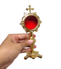 Religious Brass Monstrance Ostensorium With Cross Top and High Polish 7 Inches picture