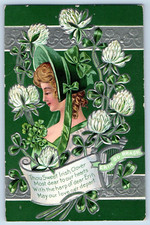 Modesto CA Postcard St. Patrick's Day Pretty Woman With Hat Flowers Clover Nash picture