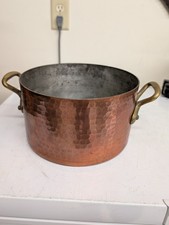 VTG Heavy French Copper Rondeau Stew Pot Brass Handles Hammered Tin Lined 8.5lb picture