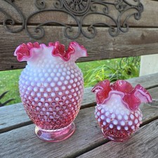 2 Matching Fenton Vases Cranberry And Opalescent White Crimped Hobnail  picture