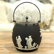 Vintage Wedgwood Black Basalt Jasperware Biscuit Jar Silver Plate Lid & Handle picture
