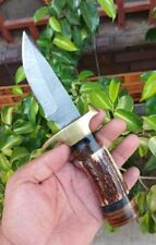 Unique Custom Handmade Damascus Steel Blade Stag Horn Handle Hunting Bowie Knife picture