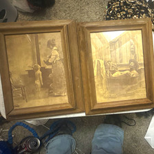 Vintage R. Hendrickson Sepia Bath Time Prints, Set of 2, Framed picture