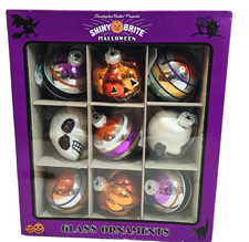 Set/6 C Radko Halloween Shiny Brite Glass Ornaments Sugar Skulls & Stripe Rounds picture